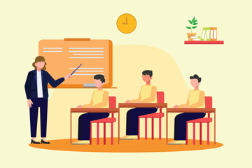 Lecturers teaching in class concept. Colored flat vector illustration isolated.