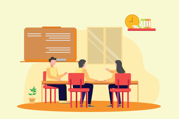 Lecturers teaching in class concept. Colored flat vector illustration isolated.