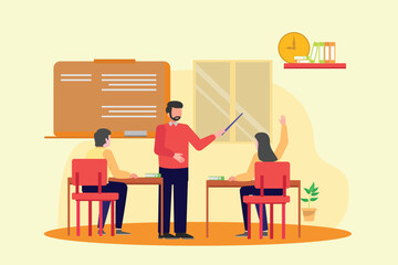 Fototapeta premium Lecturers teaching in class concept. Colored flat vector illustration isolated.
