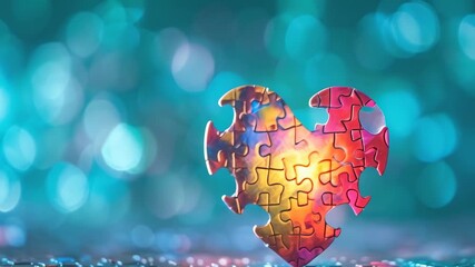 A heart-shaped puzzle composed of vibrant, multicolored pieces is set against a sparkling, bokeh-filled blue background. The glowing light inside the heart adds warmth and contrast, creating a dreamy - Powered by Adobe