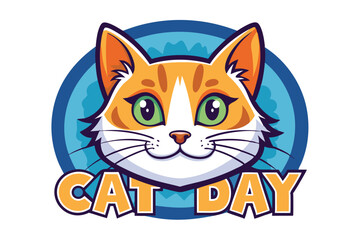 a cat logo with a ribbon that says cat day cartoon vector art illustration