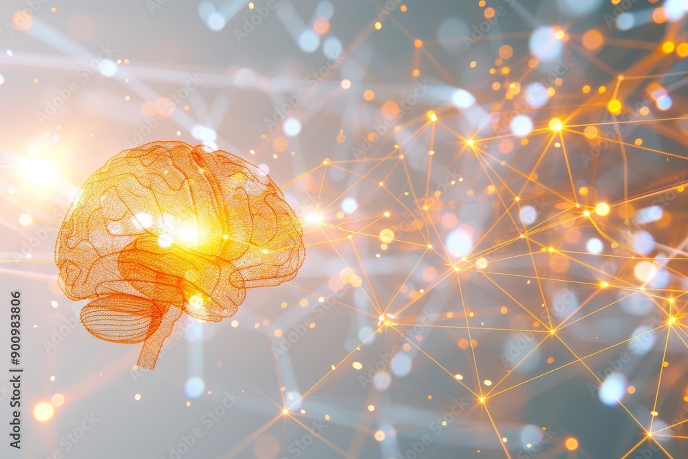 Poster digital rendering of a brain with glowing neural connections symbolizing cognitive processes and tec