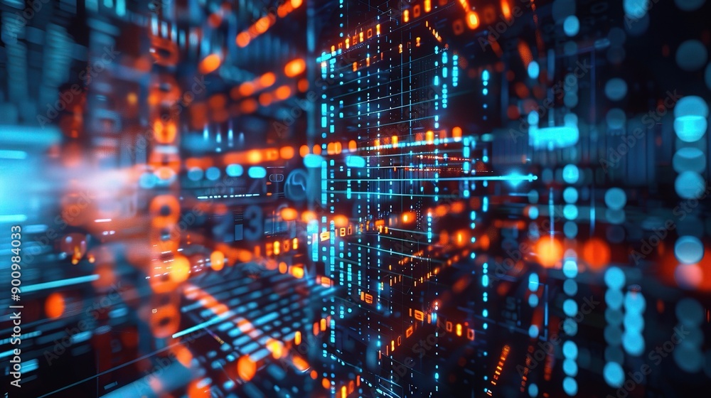 Poster digital matrix: an abstract 3d illustration of a futuristic digital matrix with glowing blue and ora