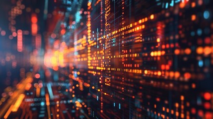 Fototapeta premium Digital Data Stream: A mesmerizing abstract background of glowing digital data streams, with vibrant hues of red, orange, blue, and green