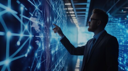 A businessman touches a digital screen displaying a global network interface, symbolizing modern technology, connectivity, and data interaction.