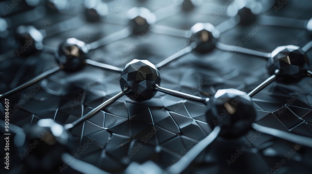 Poster interconnected network: abstract 3d rendering of a network of black spheres interconnected by sleek 