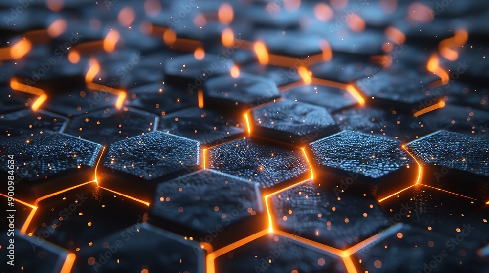 Poster abstract hexagon pattern: a mesmerizing pattern of dark blue hexagons with an orange glow emanating 