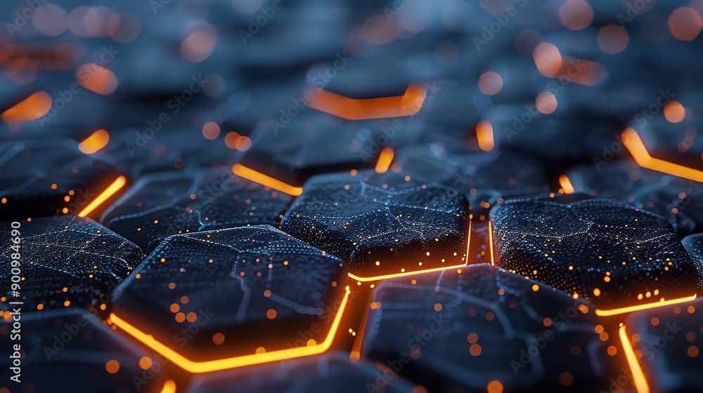 Poster hexagonal network glow: a captivating close-up of glowing hexagonal shapes, evoking advanced technol