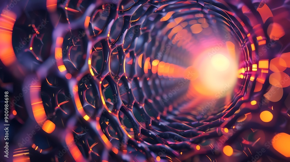 Poster abstract of a tunnel made of glowing lines and geometric shapes, with a bright light at the end. the