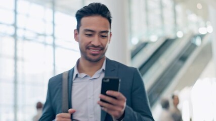 Phone, happy and business man at airport lobby for social media, search app or email. Smile, smartphone and Asian professional with bag or luggage for travel, communication and consultant walking - Powered by Adobe