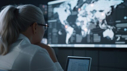 A thoughtful professional analyzing data on a large screen, showcasing digital maps and analytics in a modern workspace.