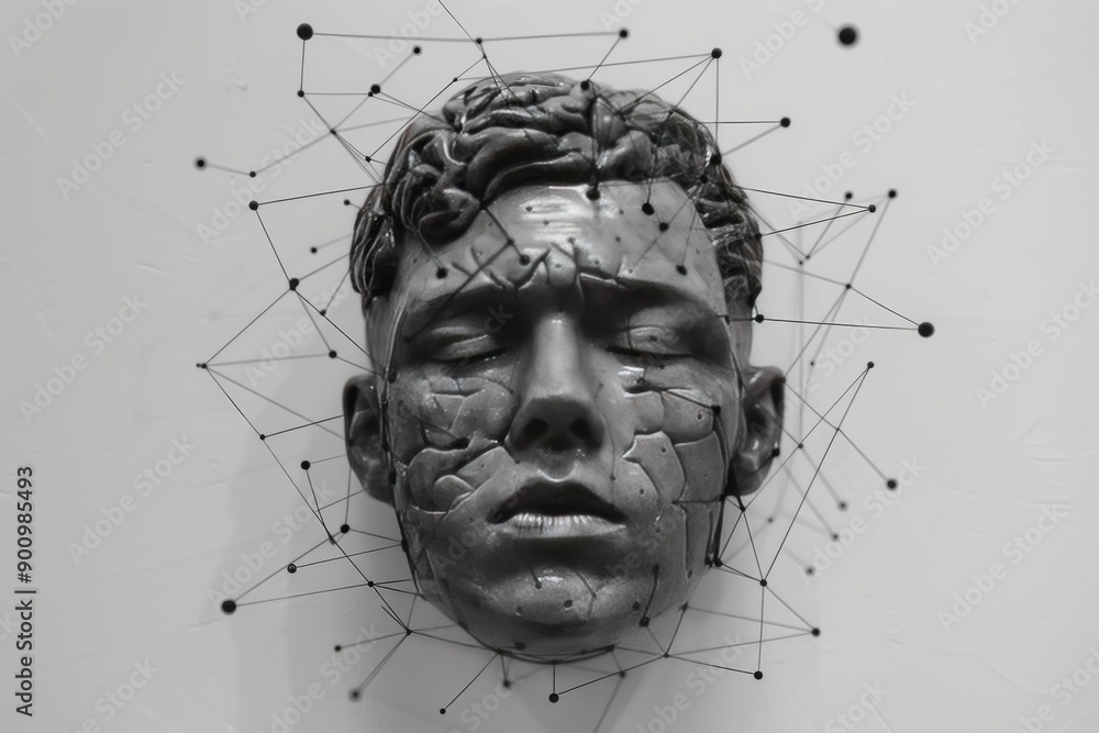 Poster abstract digital rendering of a head with neural connections symbolizing cognitive processes and tec