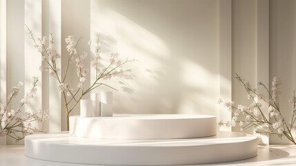 Fototapeta premium A minimalist white platform adorned with delicate branches of white flowers creates a serene and elegant setting ideal for showcasing products or decor.