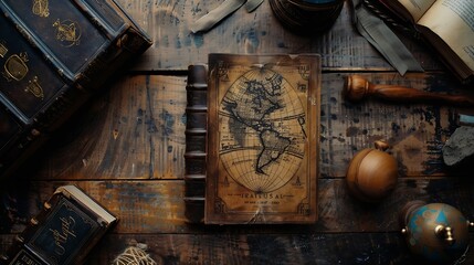 Old and deteriorated book of the religions of the world with engraved letters on the cover and ancient objects of study and adventure on wooden table Top view : Generative AI