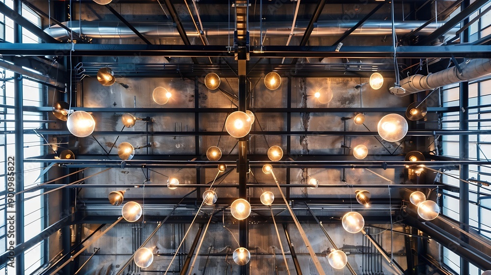 Poster Ceiling with pipes and lights in creates industrial a pattern : Generative AI