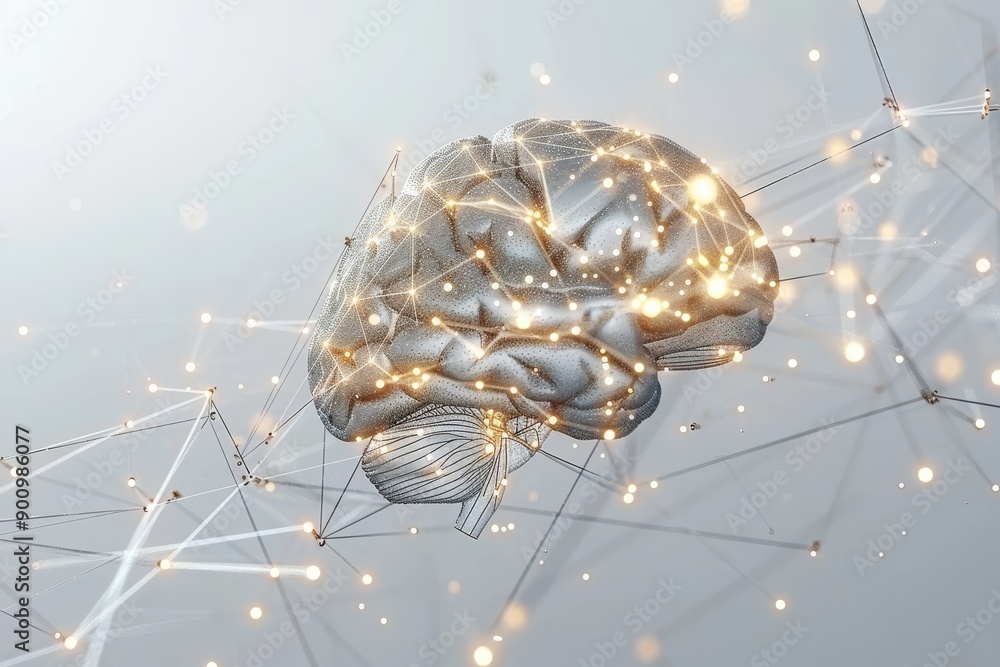 Poster digital rendering of a brain with neural connections symbolizing cognitive processes and technology 