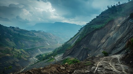 View of a Landscape shot of dangerous landslide occurred due to heavy rainfall landslide natural disasters in hilly areas Massive landslide : Generative AI
