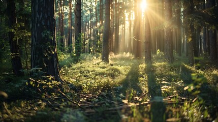 Fototapeta premium Observing the sunlight filtering through the trees in a forest surrounded by a natural landscape of terrestrial plants trunks twigs grass and various shades of wood : Generative AI