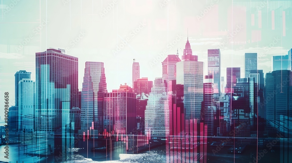 Poster double exposure of new york skyline and stock market charts representing a concept of urban finance 