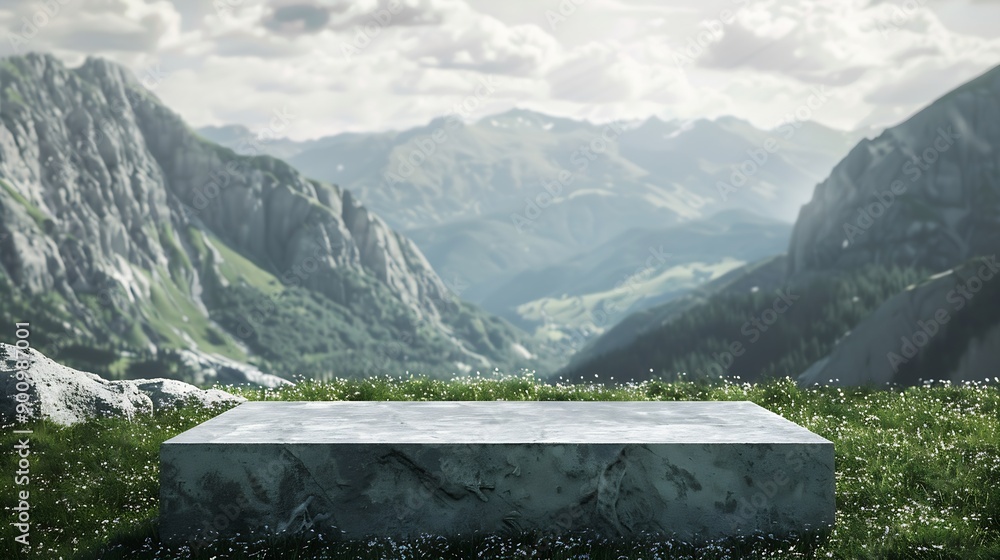 Poster Abstract 3d render platform and mockup natural background Stone podium on the grass field backdrop meadow mountain for product stand display advertising or etc : Generative AI