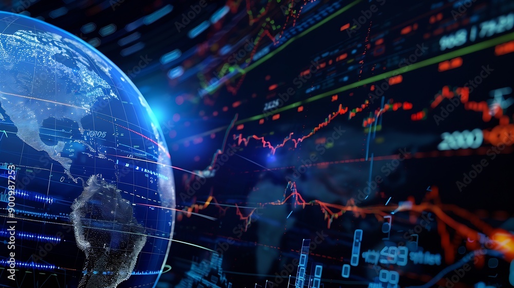 Poster Stock market graphs and data with globe in foreground : Generative AI