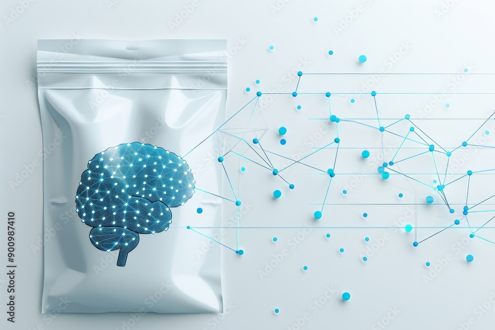 Poster futuristic packaging of brain in transparent material with neural network design on clean background