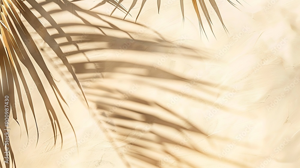 Aufkleber Natural palm leaf shadow on light beige sandy color background banner with copyspace Summer minimal concept daylight in sunny day top view plant sun shade nature environment pattern ne : Generative AI