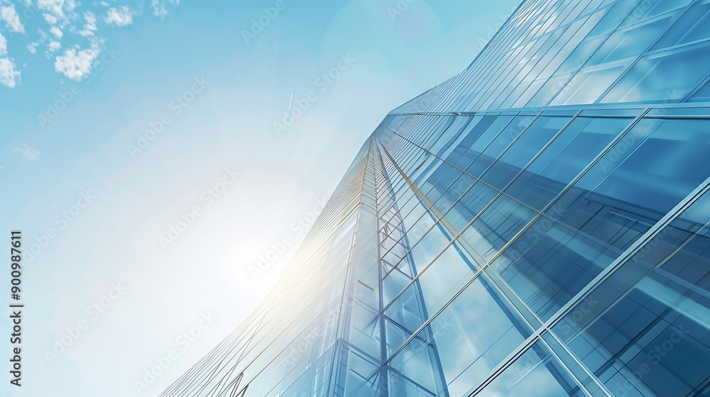 Aufkleber low angle view of skyscraper with glass window and clear blue sky background for business and financ
