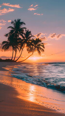 Golden Sunset over Tranquil Beach with Swaying Palm Trees and Gentle Waves