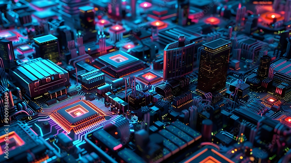 Poster close up of a computer motherboard, rendered as a futuristic cityscape with glowing lights and intri