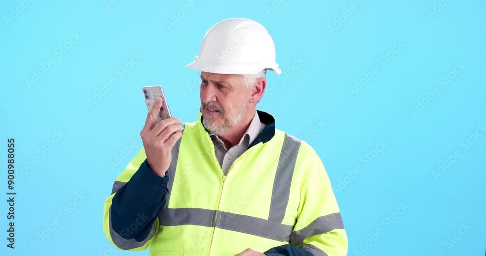 Poster Smile, man and construction worker with phone call in studio, conversation and contractor communication. Manager, engineer and talking for site management, planning and problem solving for project.