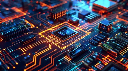 Obraz premium Close up shot of a motherboard with glowing orange and blue circuits. The image highlights the intricate details of modern technology.