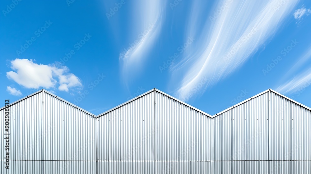 Wall mural group of industrial factory buildings with geometric pattern of aluminium corrugated steel wall agai