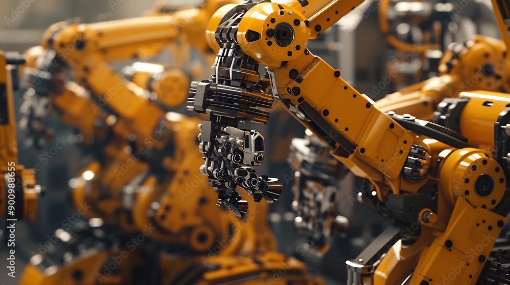 Poster mlp mechanized industry robot and robotic arms for assembly in factory production concept of artific
