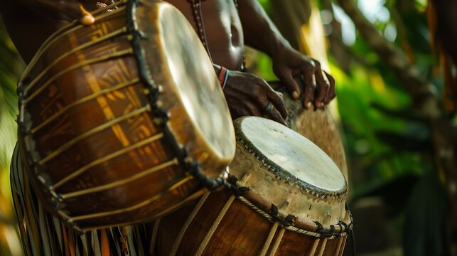 Drums called atabaque in Brazil being played during a ceremony typical of Umbanda an AfroBrazilian religion where they are the main instruments : Generative AI