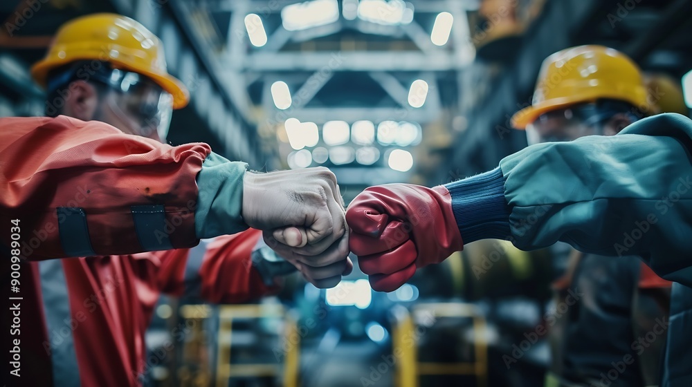 Poster Group of industrial factory workers bumping fists togethershowing gesture for teamwork or unity : Generative AI
