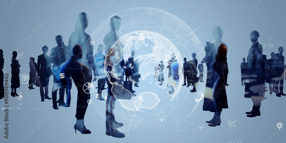 Poster multinational business people and global communication network concept. wide angle visual for banner