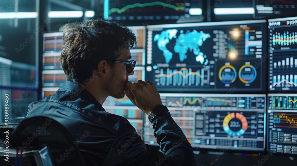 Poster market analysis with a professional examining colorful graphs and data charts on a digital screen, m