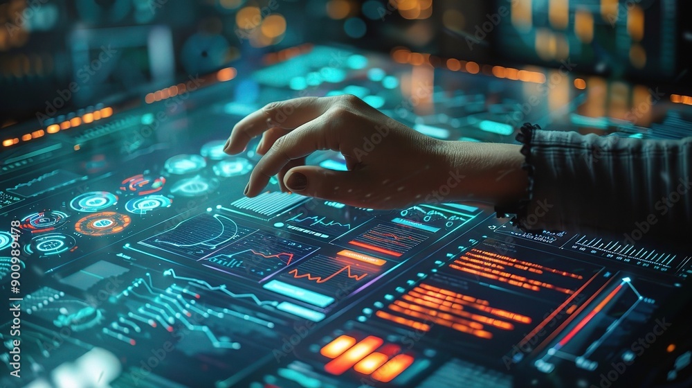 Poster market analysis with a professional examining colorful graphs and data charts on a digital screen, m