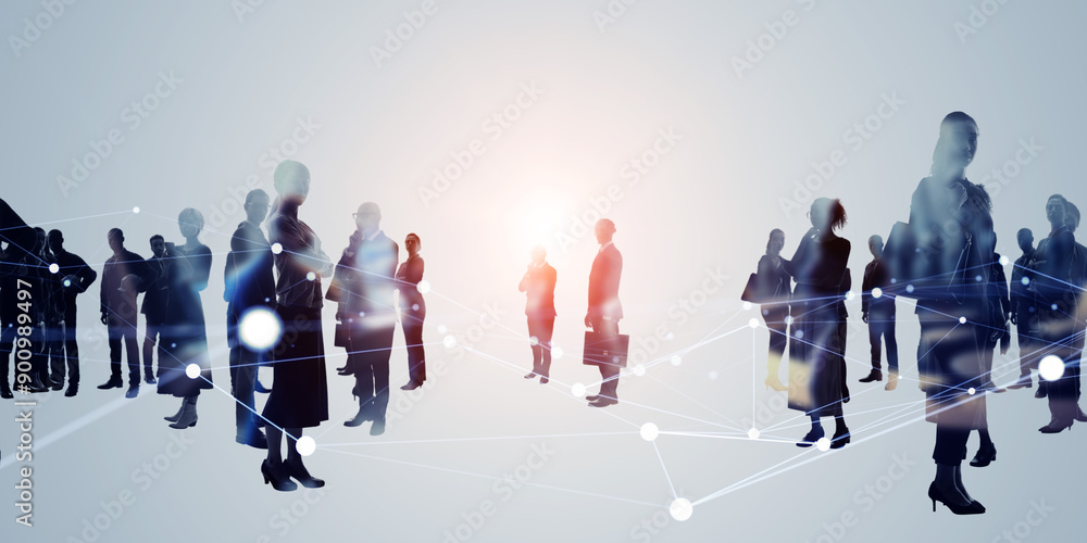 Poster multinational business people and communication network concept. wide angle visual for banners or ad