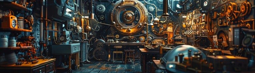 Fototapeta premium A steampunk workshop filled with intricate gears, gadgets, and vintage equipment creating a mesmerizing atmosphere of invention.