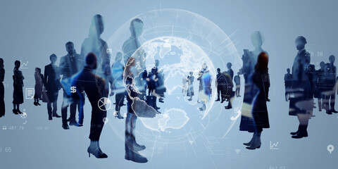 Multinational business people and global communication network concept. Wide angle visual for banners or advertisements.