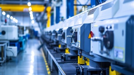 Fototapeta premium Row of machines on production floor at a factory for business and industrial concept background : Generative AI