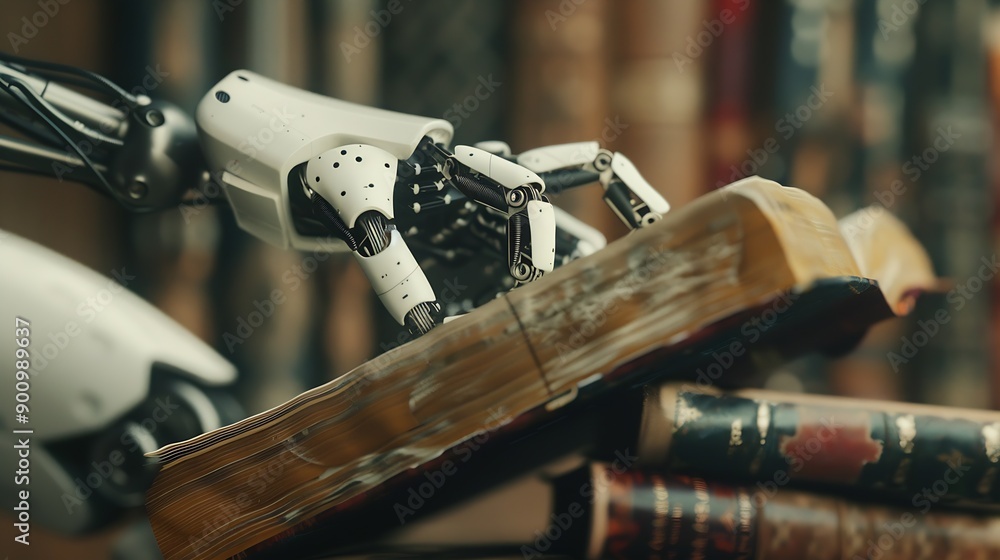 Aufkleber Real robots hand with ancient Bible book Concepts of artificial intelligence development and machine learning : Generative AI