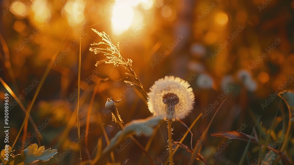 Aufkleber White dandelion in a forest at sunset Macro image shallow depth of field Abstract summer nature background : Generative AI