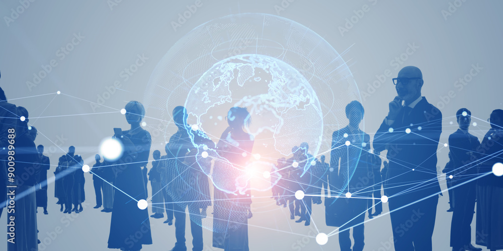 Poster multinational business people and global communication network concept. wide angle visual for banner