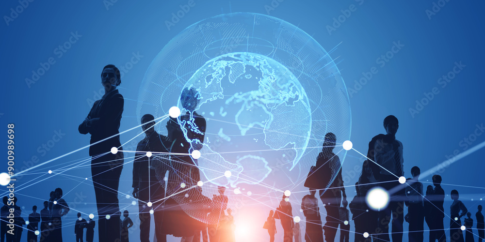 Poster multinational business people and global communication network concept. wide angle visual for banner
