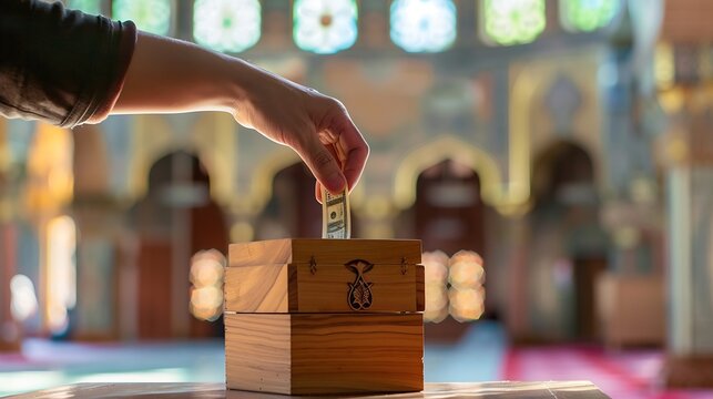 Hand giving money to a charity wooden box in the mosque : Generative AI