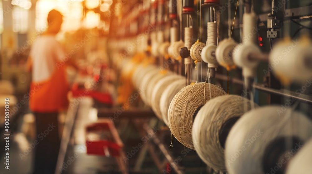 Poster textile industry machine with threads and worker in background : generative ai