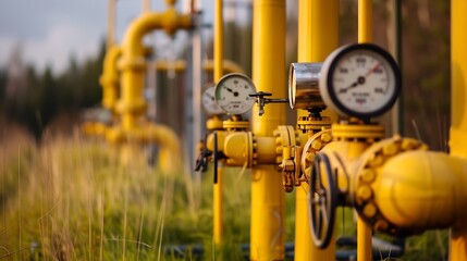 Natural gas pumping station among the spring fields Yellow pipes pressure gauges and valves  elements of the natural gas transmission installation : Generative AI
